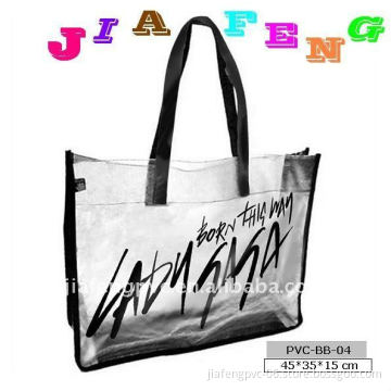 Doodle Printing Semitransparent PVC Large Shoulder Bag with Black Piping